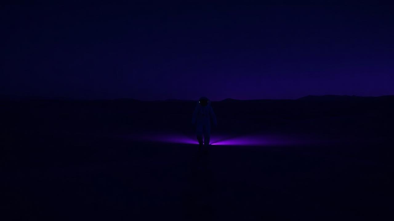AI generated cinematic still of an astronaut in a violet desert